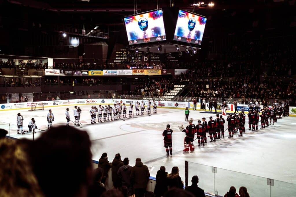 Two professional hockey teams line up for the national anthem.