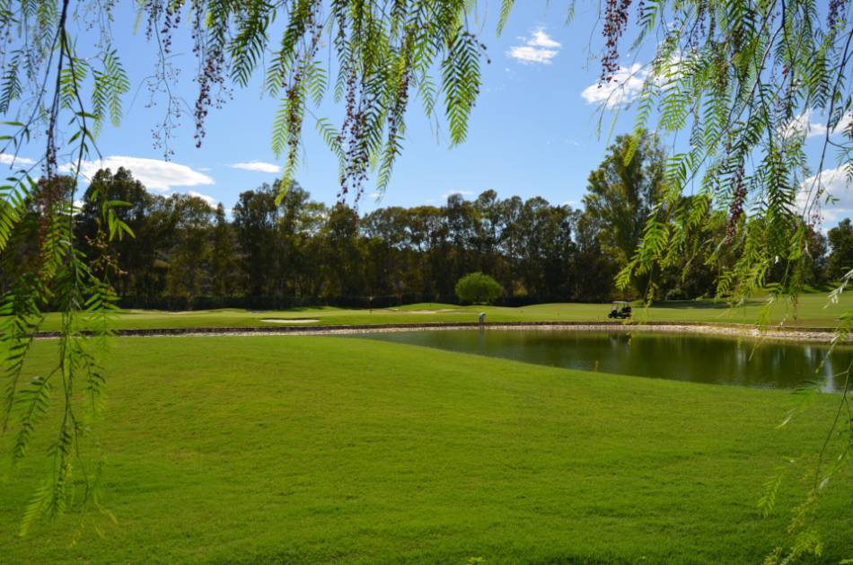 A golfer takes a shot along a water hazard.