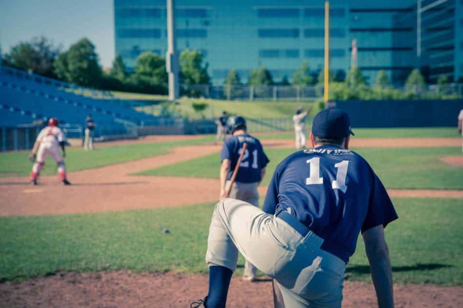 A view of a baseball field from the batter's box.