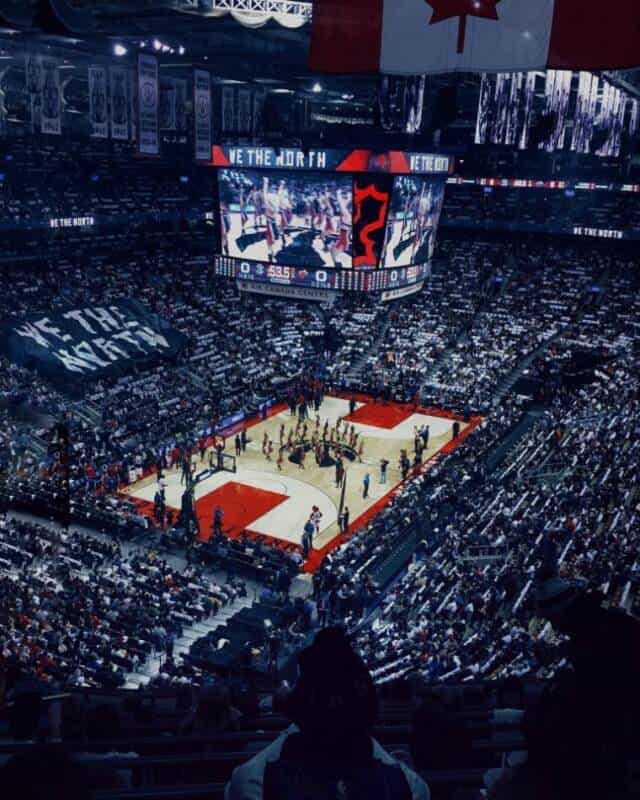 An aerial view of the Toronto Raptor's basketball court.