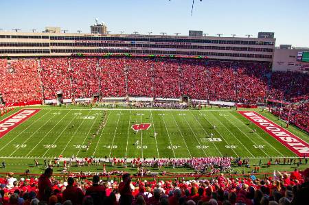 A view of Wisconsin's field during a college football game.